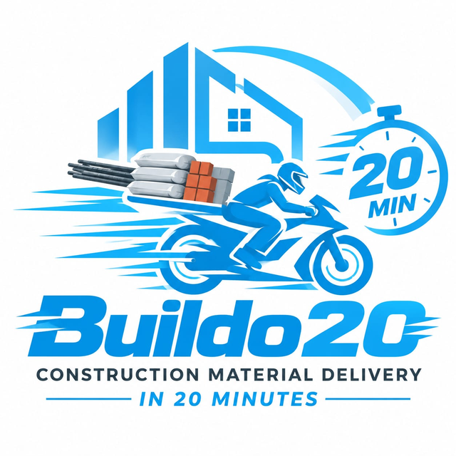 Buildo20 logo: a delivery rider with construction materials in front of a building, with a 20 minute stopwatch